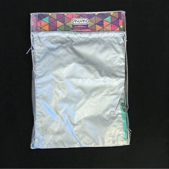 New Mumi Silver Drawstring Backpack with Aqua Zipper - Picture 2 of 6